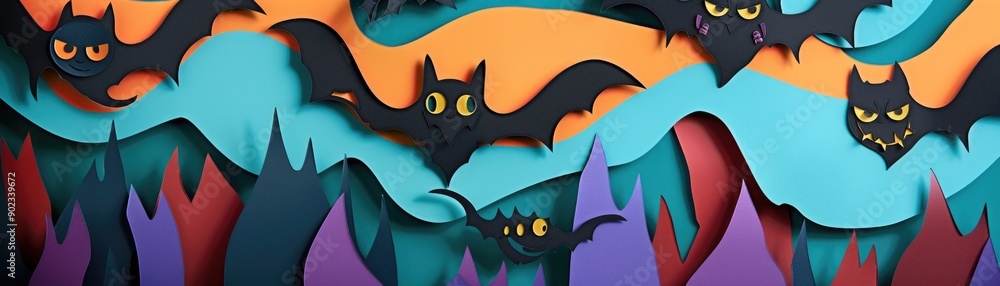 Dark paper bats with glowing eyes flying through a spooky forest under a full moon, featuring vibrant orange and blue colors for a Halloween-themed paper art scene. Dark paper bats with glowing eyes flying through a spooky forest under a full moon, featuring vibrant orange and blue colors for a Halloween-themed paper art scene.