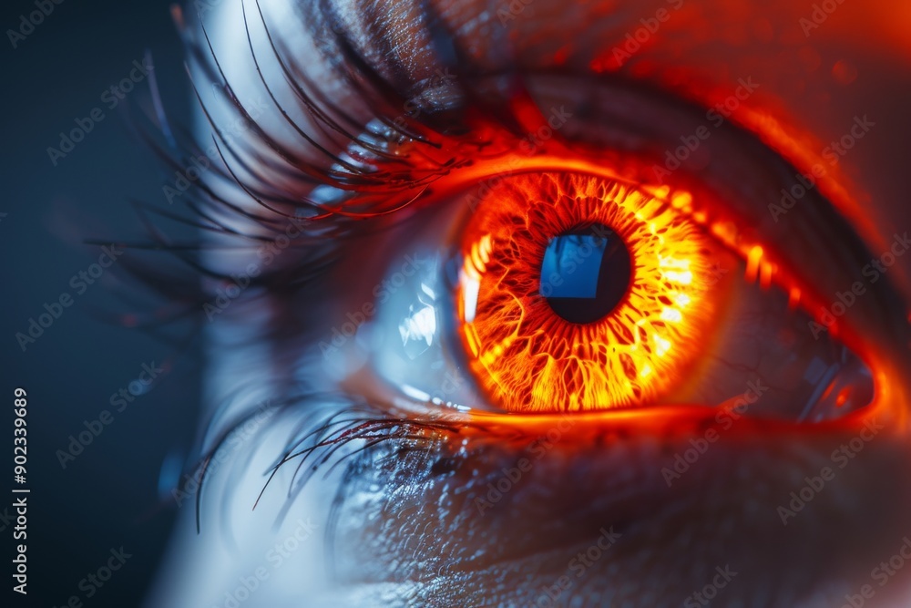 Close up of a red eye with glowing elements representing the fusion of human vision and advanced digital technology in a high tech setting. Close up of a red eye with glowing elements representing the fusion of human vision and advanced digital technology in a high tech setting.