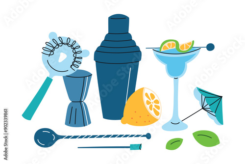 Cocktail accessories vector illustrations, flat cartoon icons of shaker, strainer, lemon, and glass. Bartending instruments, mixology tools for summer parties, and refreshing drinks, beverages decor