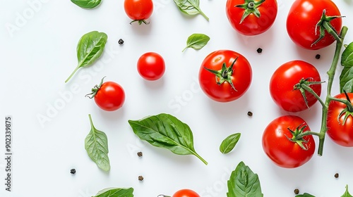 Top view of fresh organic tomatoes and basil leaves on white background. Healthy eating concept.