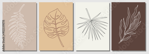 Abstract Tropical leaves Line Drawing Print Set. Botanical Posters. Modern Line Art, Aesthetic Contour. Perfect for Home Decor, Wall Art, tattoo, logo, jewelry design. Vector art illustrations. © Creative_Juice_Art