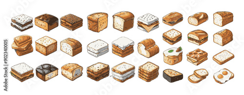 set of Variety of breads and sandwiches with fillings isolated on white ,generative ai