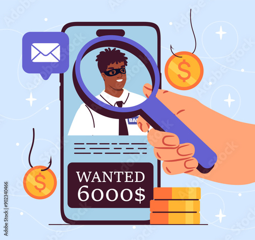 Wanted crime concept. Hand with magnifying glass near smartphone with wanted poster. Reward for catching scammer. Investigation and research. Flat vector illustration isolated on blue background