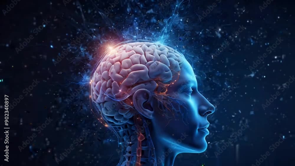 digital rendering of a human brain illuminated with glowing neural connections