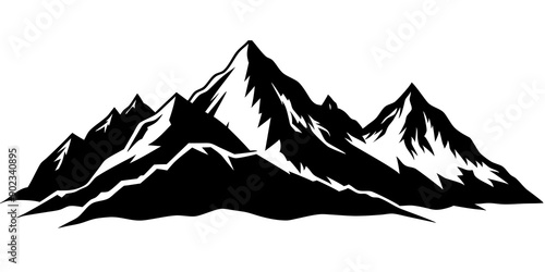 Mountain Range Silhouette: Black and White Rocky Peaks with Forest Background photo