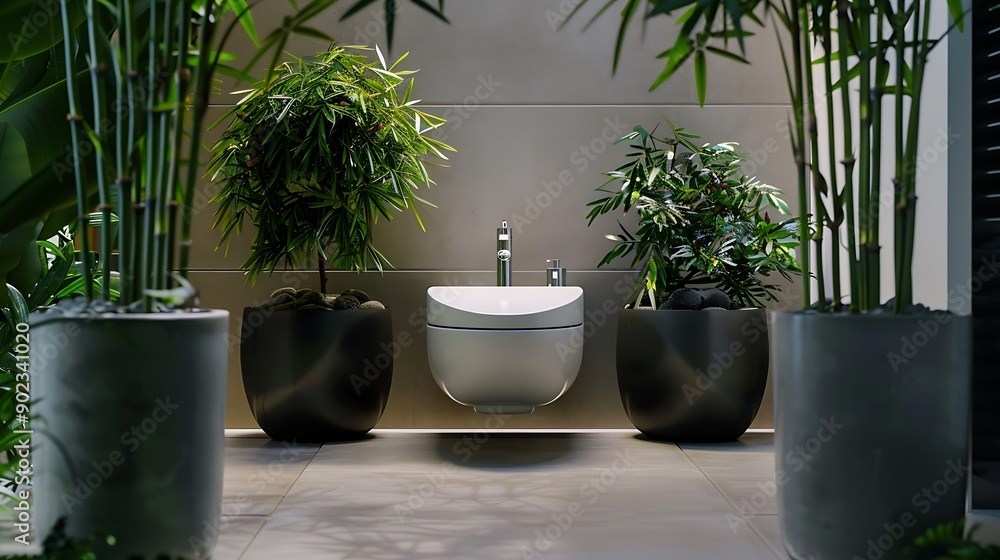 toilet room scene with a floating toilet bowl, surrounded by a cluster of bamboo plants in sleek, tall planters that complement the modern aesthetics of the room. toilet room scene with a floating toilet bowl, surrounded by a cluster of bamboo plants in sleek, tall planters that complement the modern aesthetics of the room.