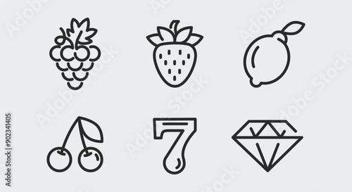 Casino slots icons. Casino slots trendy minimal icons set. Grapes, Strawberry, Lemon, Cherries, Lucky 7, Diamond icon. Design signs for web page, mobile app, packaging design. Vector illustration