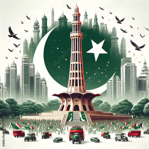 Minar e pakistan and pakistan flag for independence day of pakistan photo