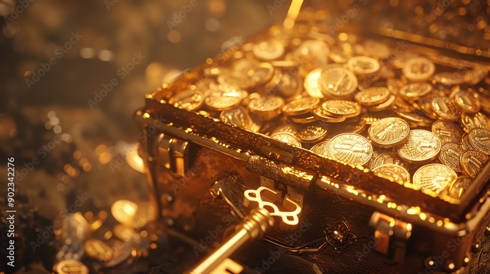 Golden chest filled with gold coins. The chest is open and the coins are spilling out. The background is a dark, smoky void. Golden chest filled with gold coins. The chest is open and the coins are spilling out. The background is a dark, smoky void.