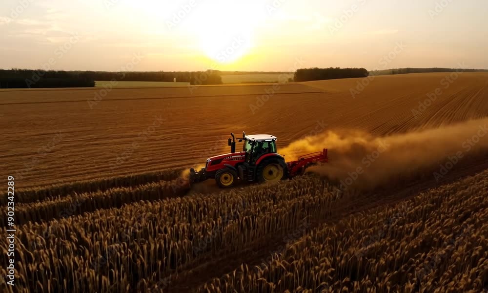 Tractor Driving Through Golden Field at Sunset. A red tractor drives through a field of golden wheat at sunset, leaving a trail of dust behind it. Generated with 4k video Tractor Driving Through Golden Field at Sunset. A red tractor drives through a field of golden wheat at sunset, leaving a trail of dust behind it. Generated with 4k video