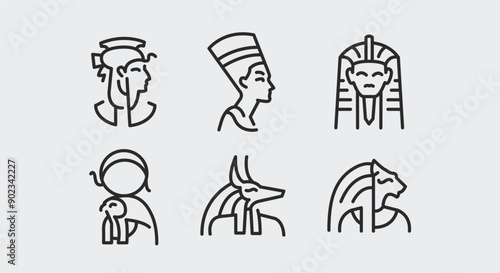 Ancient Egyptian icons. Ancient Egyptian trendy minimal icons set. Pharaoh, Nefertiti, Sphinx, Anubis, Ra icon. Design signs for web page, mobile app, packaging design. Vector illustration