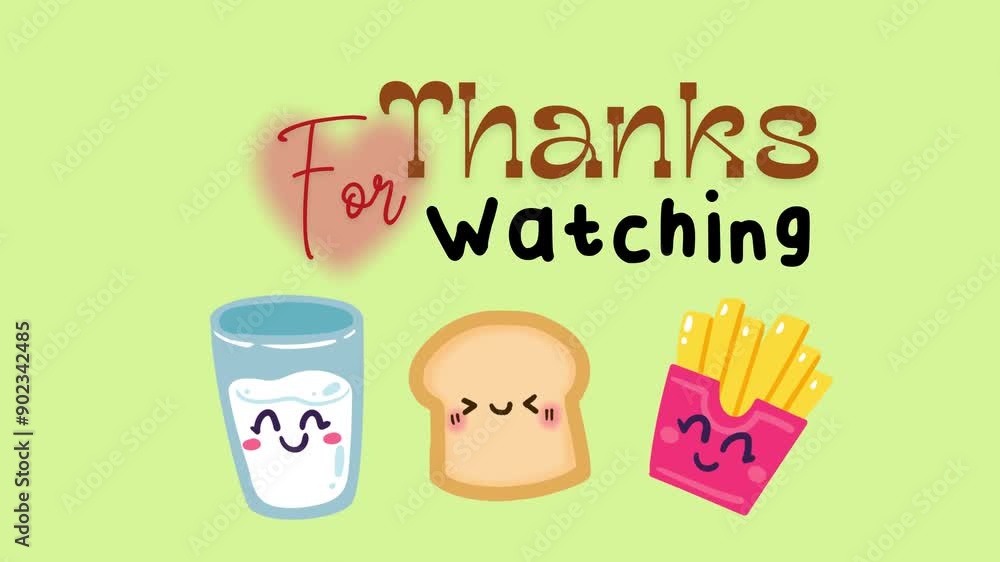 Animated thank you for watching, with a cute food background pattern, great for intros, outros, content, technology, slides, films, cinematics, video editing, presentations, etc.