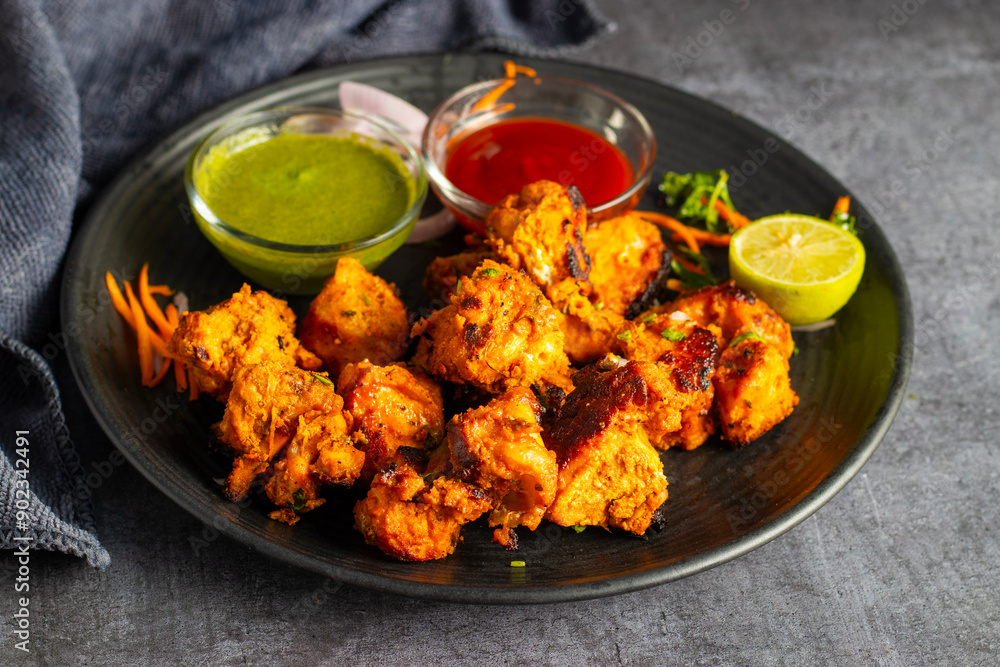 Deliciously Spiced Chicken Tikka Kabab, A Flavourful Grilled Delight with Tangy Marinade and Smoky Charcoal Aroma Serve with Mint and Tomato Chutney. Selective focus. Deliciously Spiced Chicken Tikka Kabab, A Flavourful Grilled Delight with Tangy Marinade and Smoky Charcoal Aroma Serve with Mint and Tomato Chutney. Selective focus.