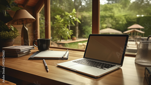 Photos of Work desk with computer laptop and notepad, pen in cozy house, Work space home office concept.