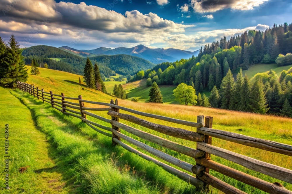 Rustic wooden fence bordering a hillside meadow, framing the picturesque landscape, peaceful, scenic, tranquil,rustic, fence, pasture, outdoors, landscape, serene, boundary, grass Rustic wooden fence bordering a hillside meadow, framing the picturesque landscape, peaceful, scenic, tranquil,rustic, fence, pasture, outdoors, landscape, serene, boundary, grass