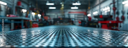 Wallpaper Mural Metal empty table, blurred background with workshop. Torontodigital.ca