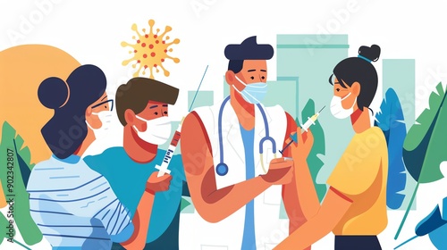 A group of people are getting vaccinated by a doctor. The people are all wearing masks and the doctor is wearing a mask and gloves.