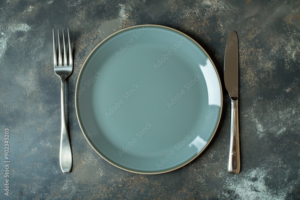Empty blue plate, knife and fork on dark background, top view Empty blue plate, knife and fork on dark background, top view