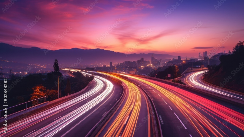 A long-exposure shot of a busy highway at dusk with light trails from vehicles forming a stunning contrast against the purple and orange hues of the setting sun A long-exposure shot of a busy highway at dusk with light trails from vehicles forming a stunning contrast against the purple and orange hues of the setting sun