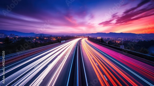 A long-exposure shot of a busy highway at dusk with light trails from vehicles forming a stunning contrast against the purple and orange hues of the setting sun