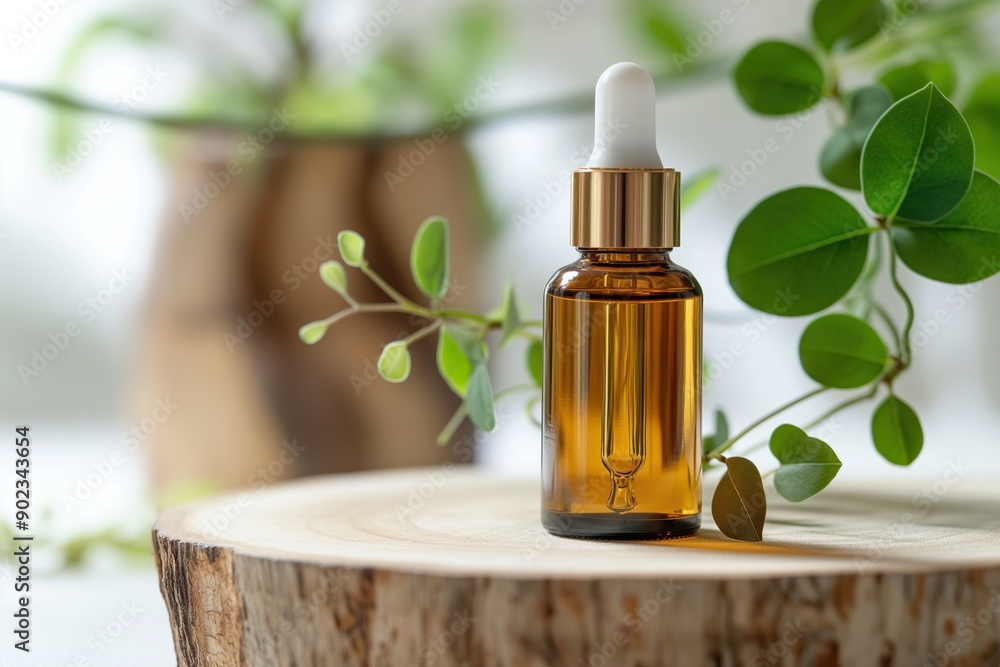 Glass dropper bottle with serum or essential oil on a wooden stand Glass dropper bottle with serum or essential oil on a wooden stand