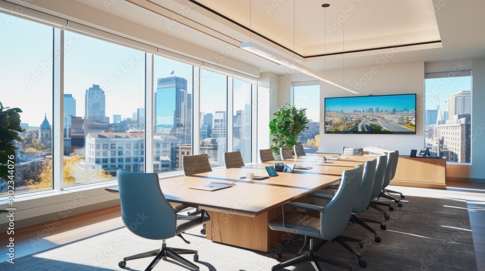 Fototapeta premium Bright and airy business meeting room featuring a long wooden table, comfortable office chairs, a large flat-screen monitor for presentations