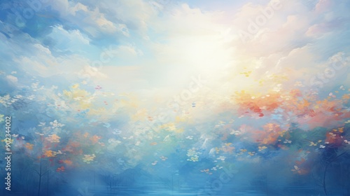 An expansive blue sky filled with the light of spring, softly diffused to create a warm, blurry ambiance. Various small numbers in a spectrum of colors appear to float hazily throughout the image. photo