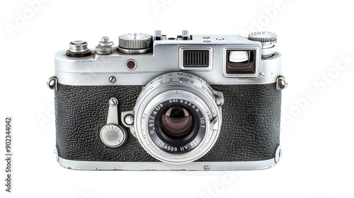 This is a vintage camera with a silver body and black leather accents. It has a large lens on the front and a small viewfinder on the back.