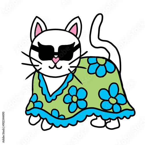 Cool White Cat Wearing Glasses and Floral Dress Illustration