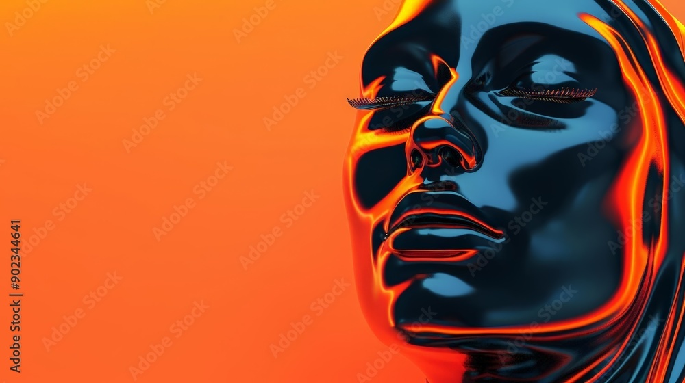 Glossy abstract face emerging from shadows, Expressionism, Dark and light contrast, 3D illustration Glossy abstract face emerging from shadows, Expressionism, Dark and light contrast, 3D illustration