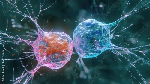 Two vibrant cells are in the process of division, showcasing intricate structures and growth in a laboratory environment