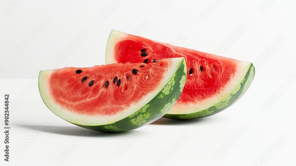 Two slices of ripe red watermelon isolated on white background. The rind of the watermelon is dark green with light green stripes. Two slices of ripe red watermelon isolated on white background. The rind of the watermelon is dark green with light green stripes.
