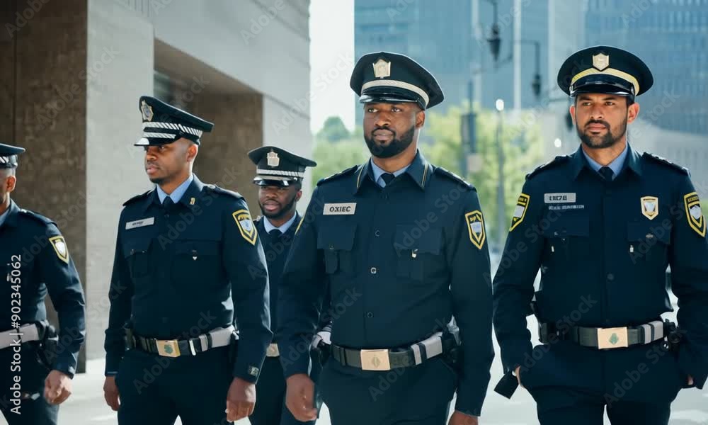 Security Guard Event Service: Officer And His Group Walking On The Street 4k video Security Guard Event Service: Officer And His Group Walking On The Street 4k video