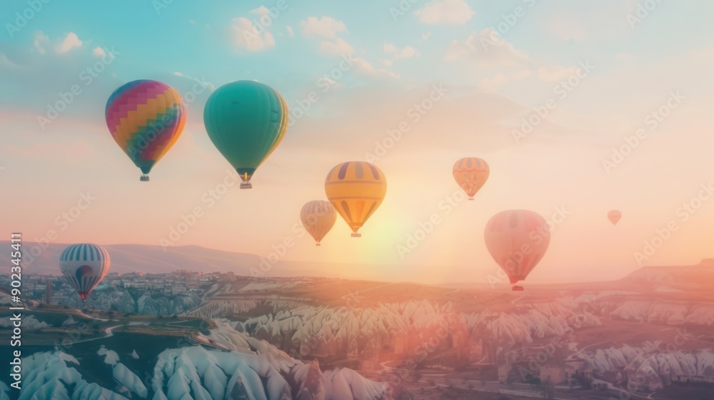 Fototapeta premium Vibrant hot air balloons glide gracefully over a stunning, colorful landscape at dawn