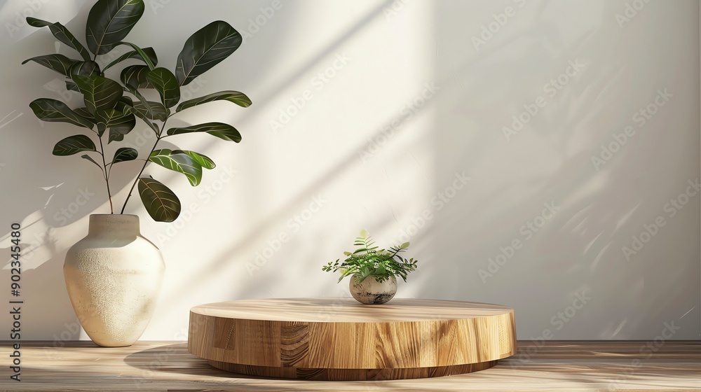 This is a photo of a wooden table with a vase of flowers on it. The table is placed against a white wall with a wood floor. This is a photo of a wooden table with a vase of flowers on it. The table is placed against a white wall with a wood floor.
