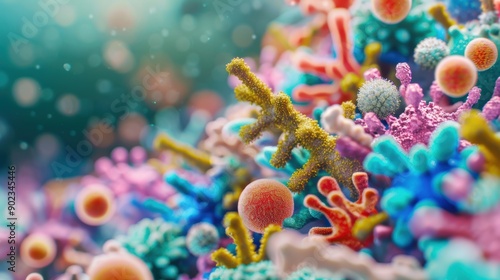 Microscopic view reveals a diverse array of colorful microbes in a laboratory setting © red_orange_stock