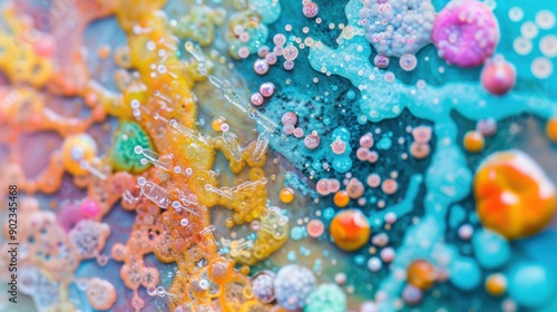 Vibrant colors and patterns of diverse microbes seen under a microscope reveal their intricate structures and interactions