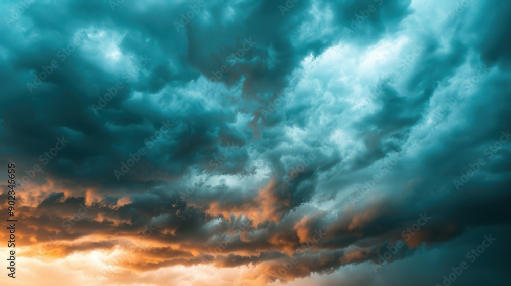 Obraz premium Vibrant clouds blend blue and orange hues as the sun sets, creating a stunning atmosphere in the evening sky