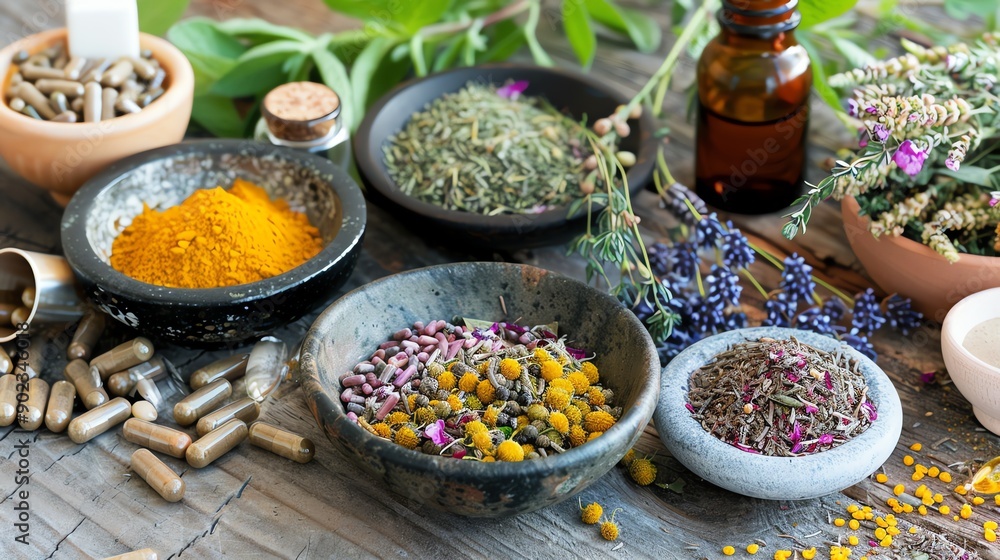 Natural remedies and herbal medicine. Traditional medicine ingredients on a wooden table. Natural remedies and herbal medicine. Traditional medicine ingredients on a wooden table.