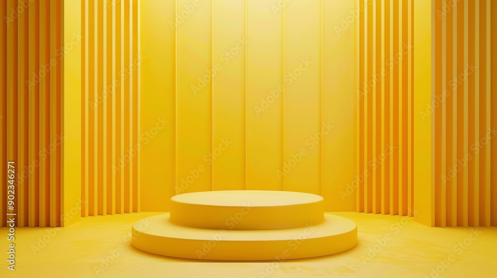 3D rendering of a yellow podium. The podium is made of two cylinders and has a spotlight shining on it. 3D rendering of a yellow podium. The podium is made of two cylinders and has a spotlight shining on it.