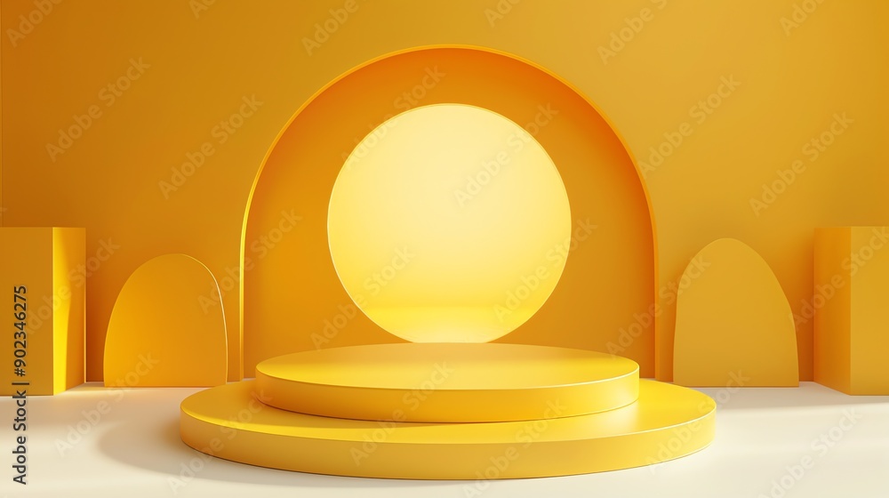 3D rendering of a yellow podium with a large yellow circle in the background. 3D rendering of a yellow podium with a large yellow circle in the background.