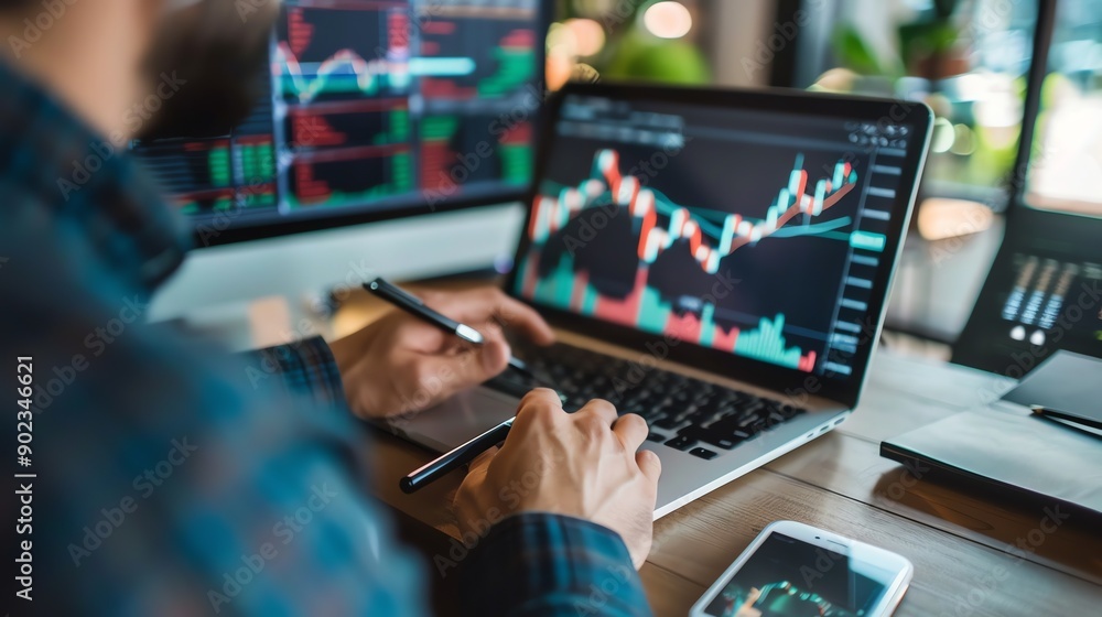 Fototapeta premium Confident stock trader analyzing financial data on multiple computer screens while working at his desk.