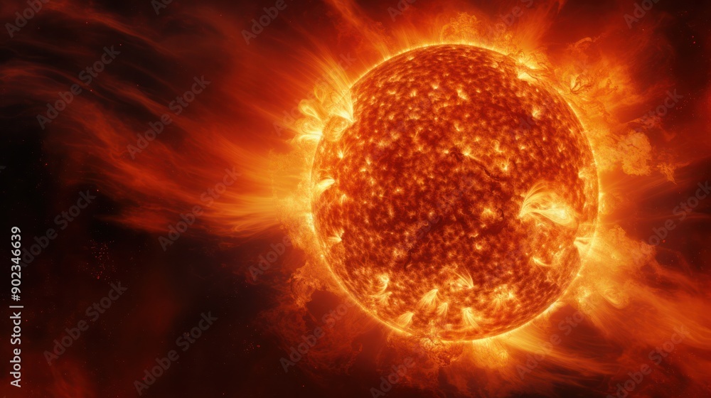A close-up view of the Sun showcasing intense solar flares with a vibrant, fiery surface and intricate plasma patterns A close-up view of the Sun showcasing intense solar flares with a vibrant, fiery surface and intricate plasma patterns