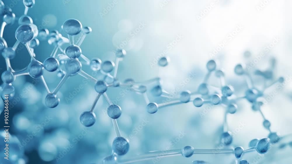 A blue and white image of a molecule with many small spheres A blue and white image of a molecule with many small spheres