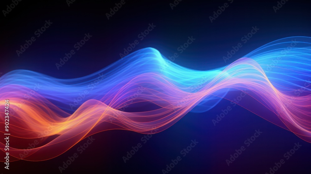 Close-up of sound waves in neon colors with a gradient effect, symbolizing music flow Close-up of sound waves in neon colors with a gradient effect, symbolizing music flow