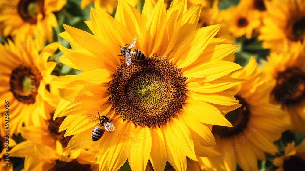 Close-up view of a vibrant sunflower in full bloom with a bee diligently collecting pollen in the center of the flower Close-up view of a vibrant sunflower in full bloom with a bee diligently collecting pollen in the center of the flower