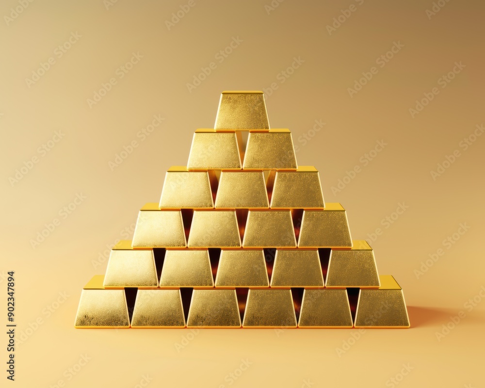 Stack of gold bars in pyramid shape A pyramid-shaped stack of gold bars on a golden background, symbolizing wealth, investment, and prosperity Stack of gold bars in pyramid shape A pyramid-shaped stack of gold bars on a golden background, symbolizing wealth, investment, and prosperity