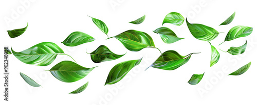 Flying realistic green leaves dancing flow isolate 3d render, PNG
