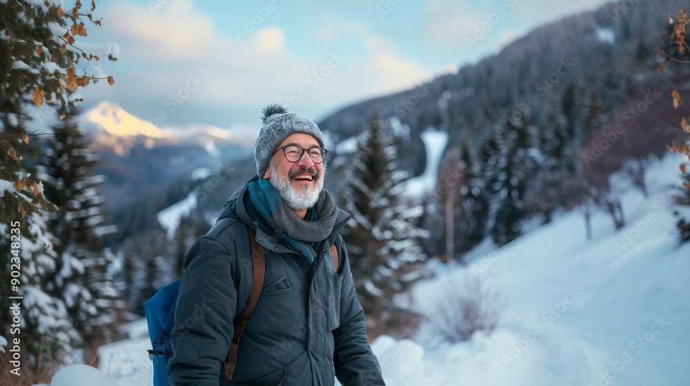 Older man with winter gear smiling during a hike in a snowy mountain landscape, conveying joy and nature's beauty. Older man with winter gear smiling during a hike in a snowy mountain landscape, conveying joy and nature's beauty.