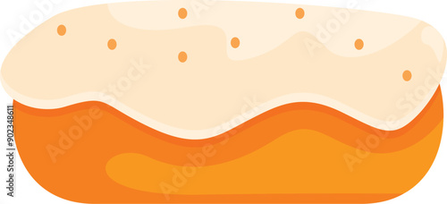 Delicious eclair filled with cream decorated with chocolate drops is lying on white background